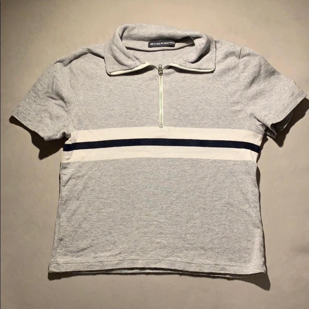 Brandy Melville Grey Zip Tee White Navy Stripe